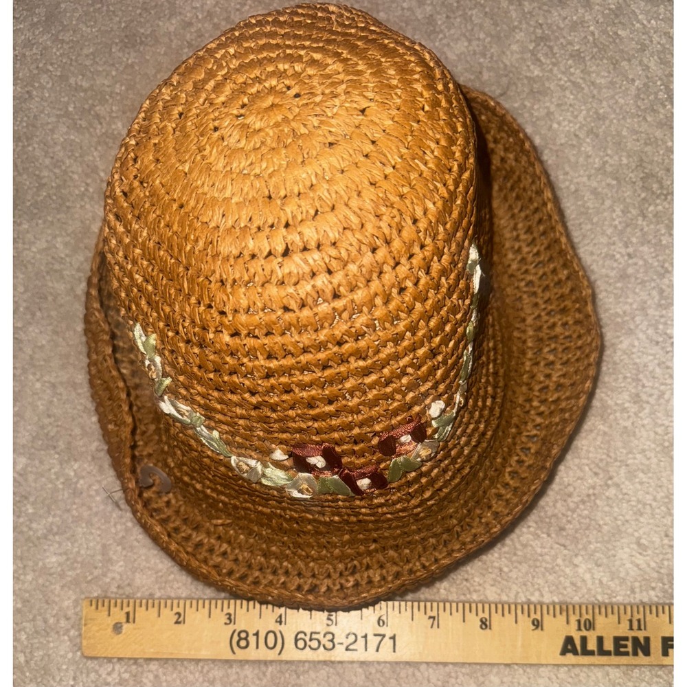 Woven Straw Bucket Hat Floral Embellishment Flowers Summer Beach Vacation Women - Picture 8 of 8